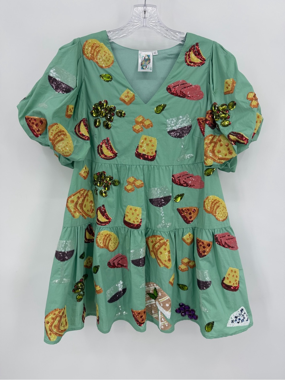 Queen of Sparkles Charcuterie Dress Sequined Cotton Blend Mint Green Size XS